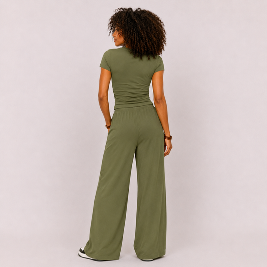 Women's Wide-Leg Lounge Set, High-Waist Pants