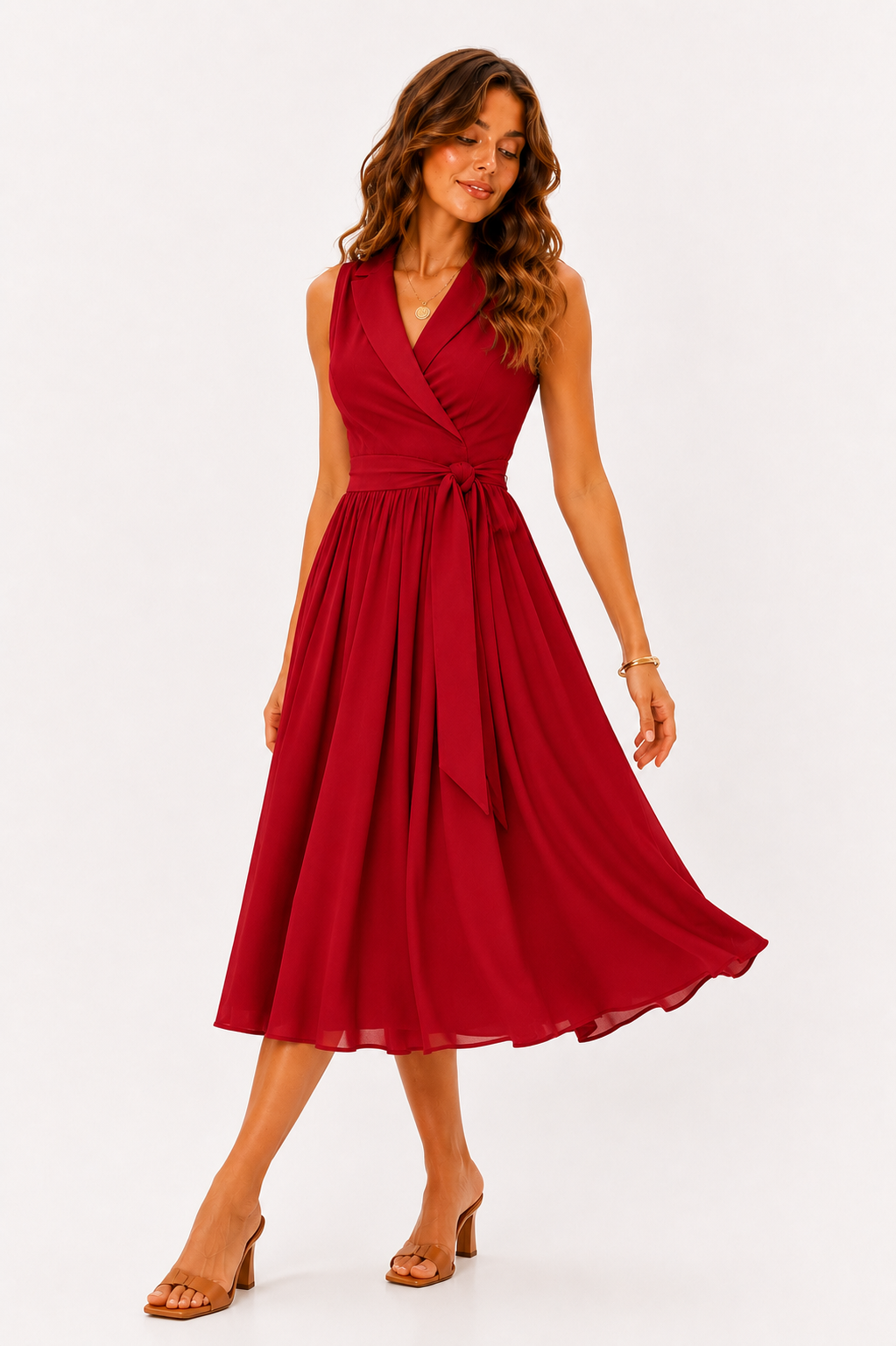 Sleeveless Belted Midi Dress for Women