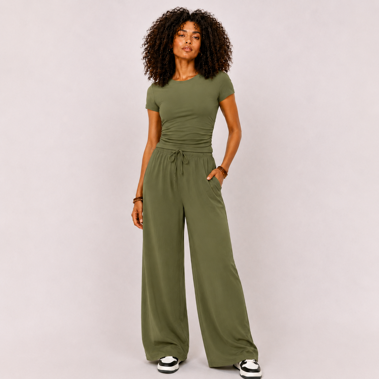 Women's Wide-Leg Lounge Set, High-Waist Pants