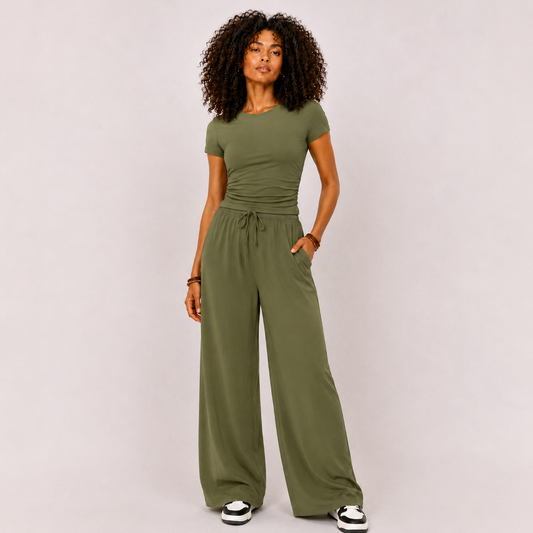 Women's Wide-Leg Lounge Set, High-Waist Pants