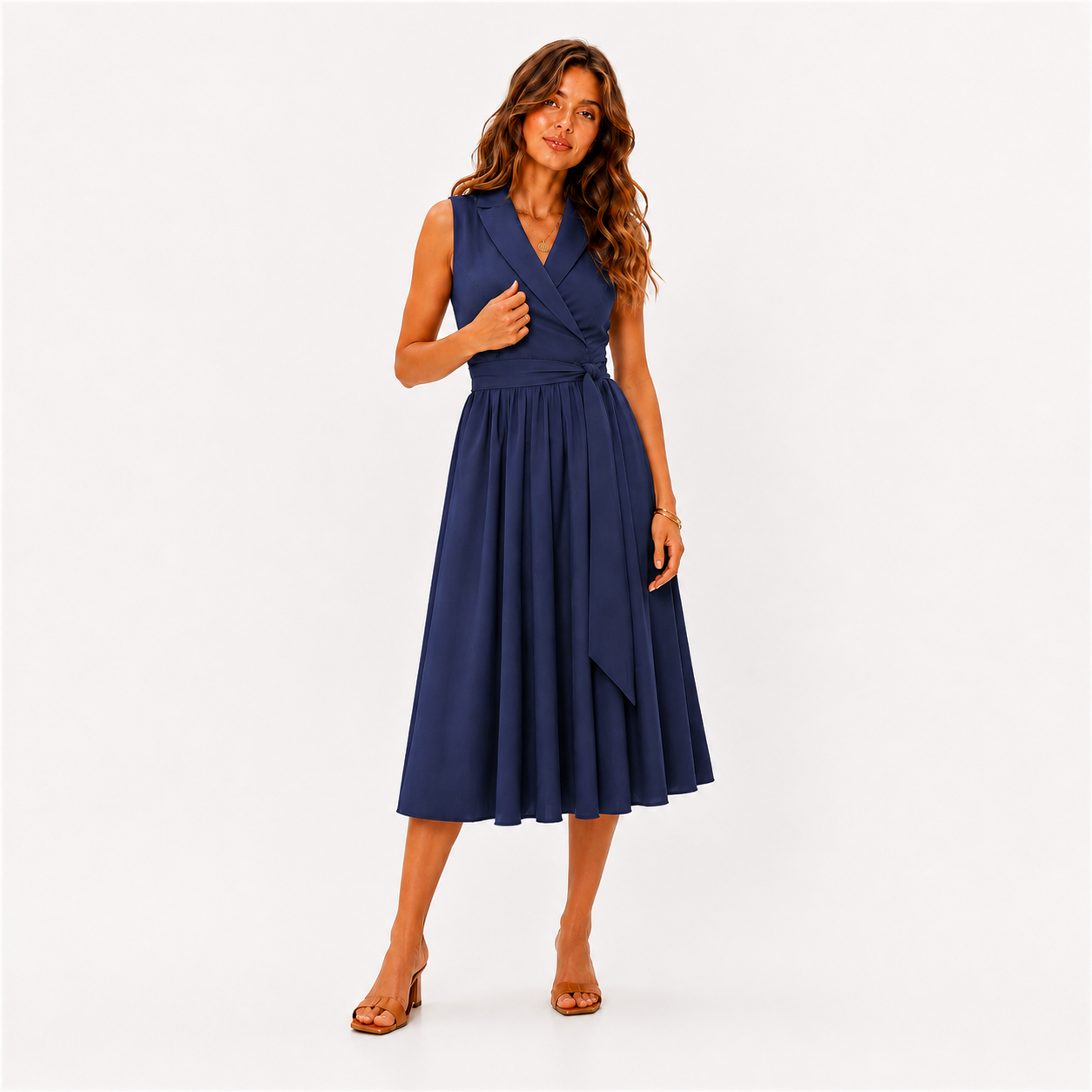 Sleeveless Belted Midi Dress for Women