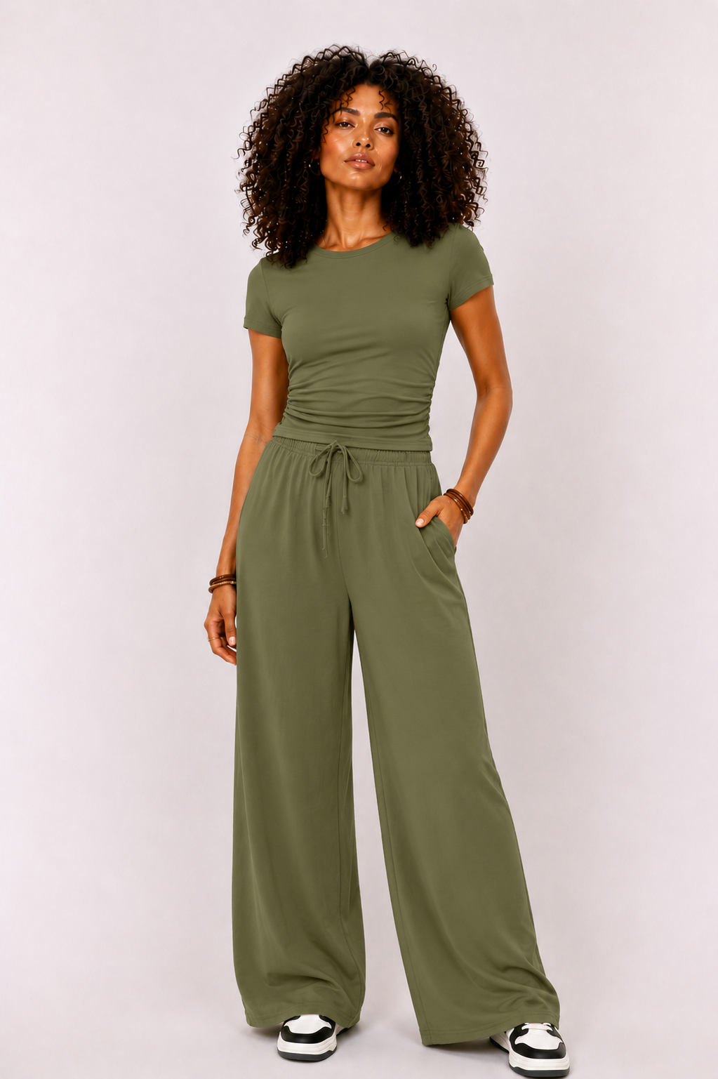 Women's Wide-Leg Lounge Set, High-Waist Pants