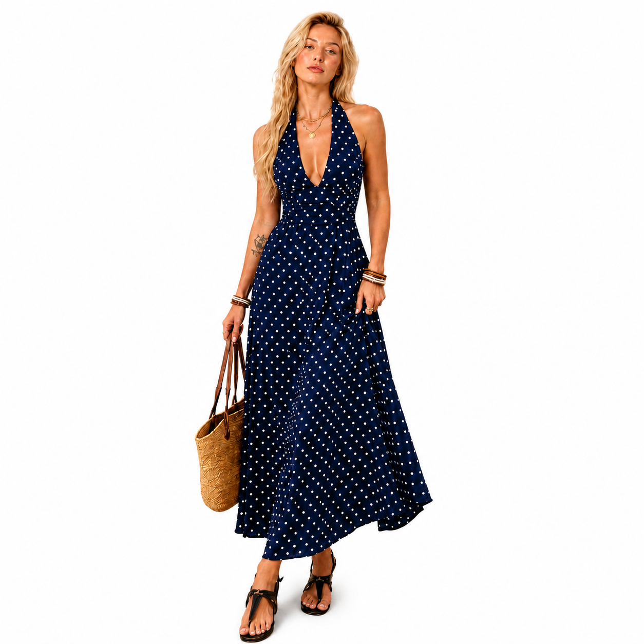 Polka Dot Halter V-Neck Maxi Dress