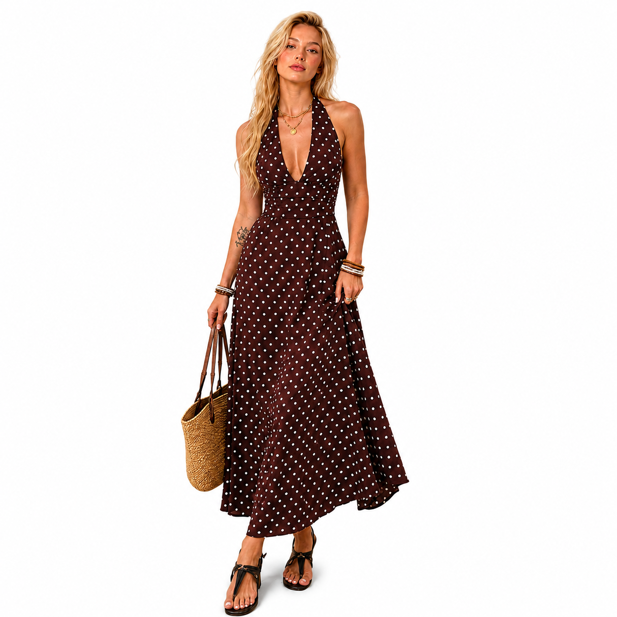 Polka Dot Halter V-Neck Maxi Dress