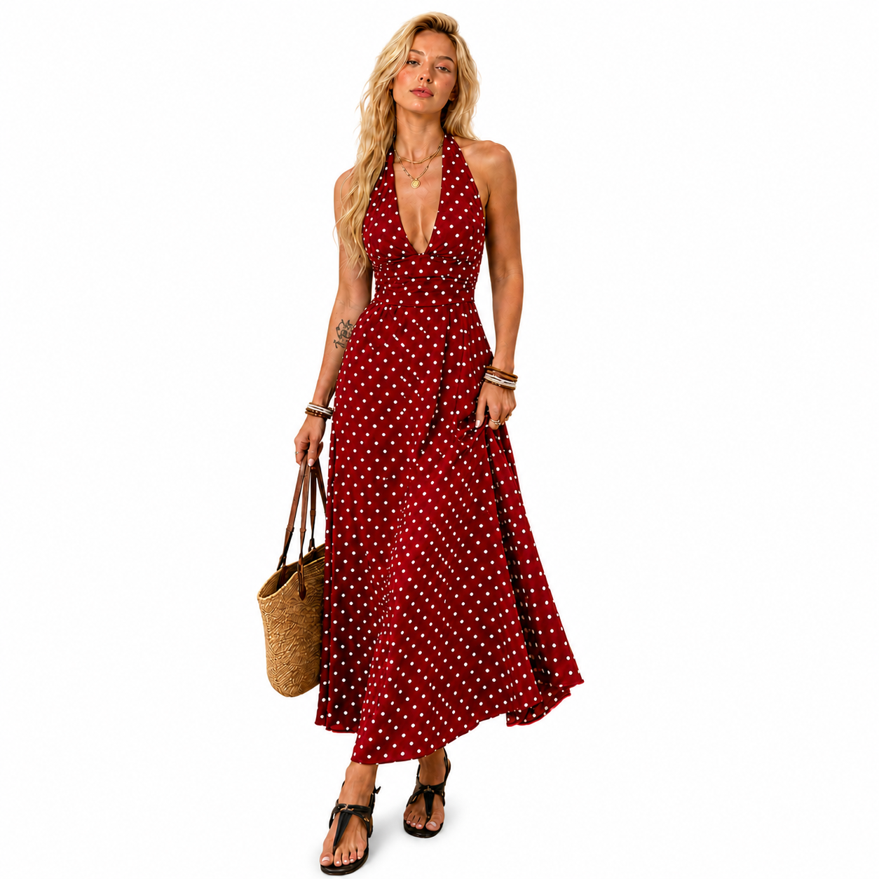 Polka Dot Halter V-Neck Maxi Dress