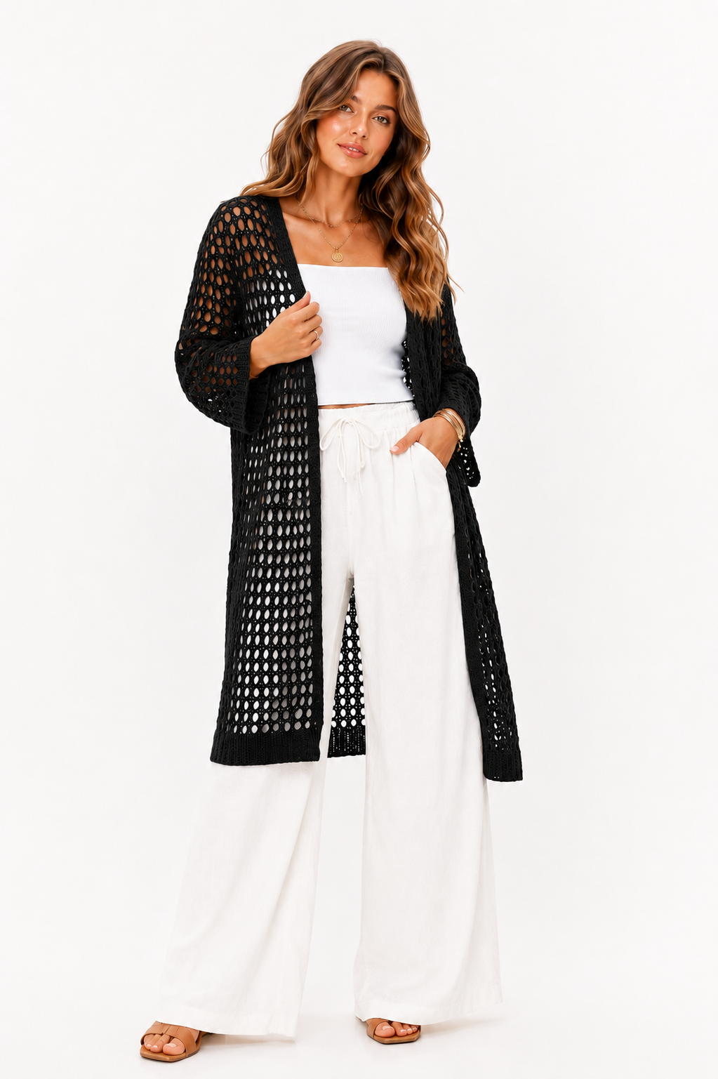 Cardigan Comprido de Malha Aberta para Mulher