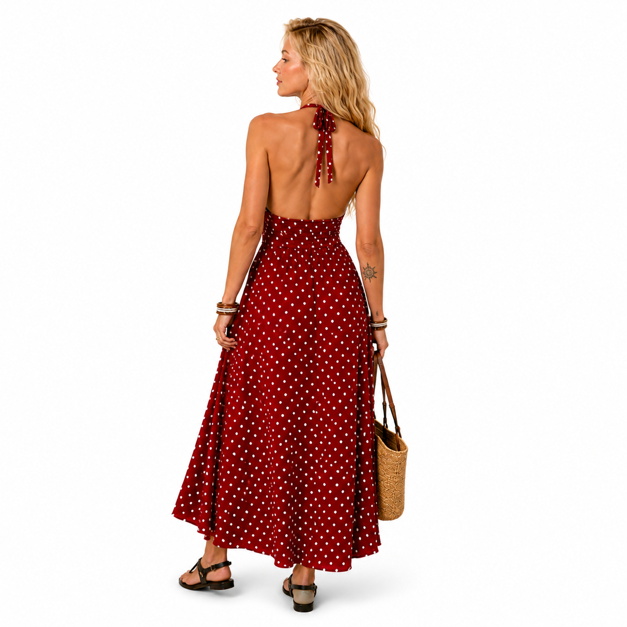 Polka Dot Halter V-Neck Maxi Dress