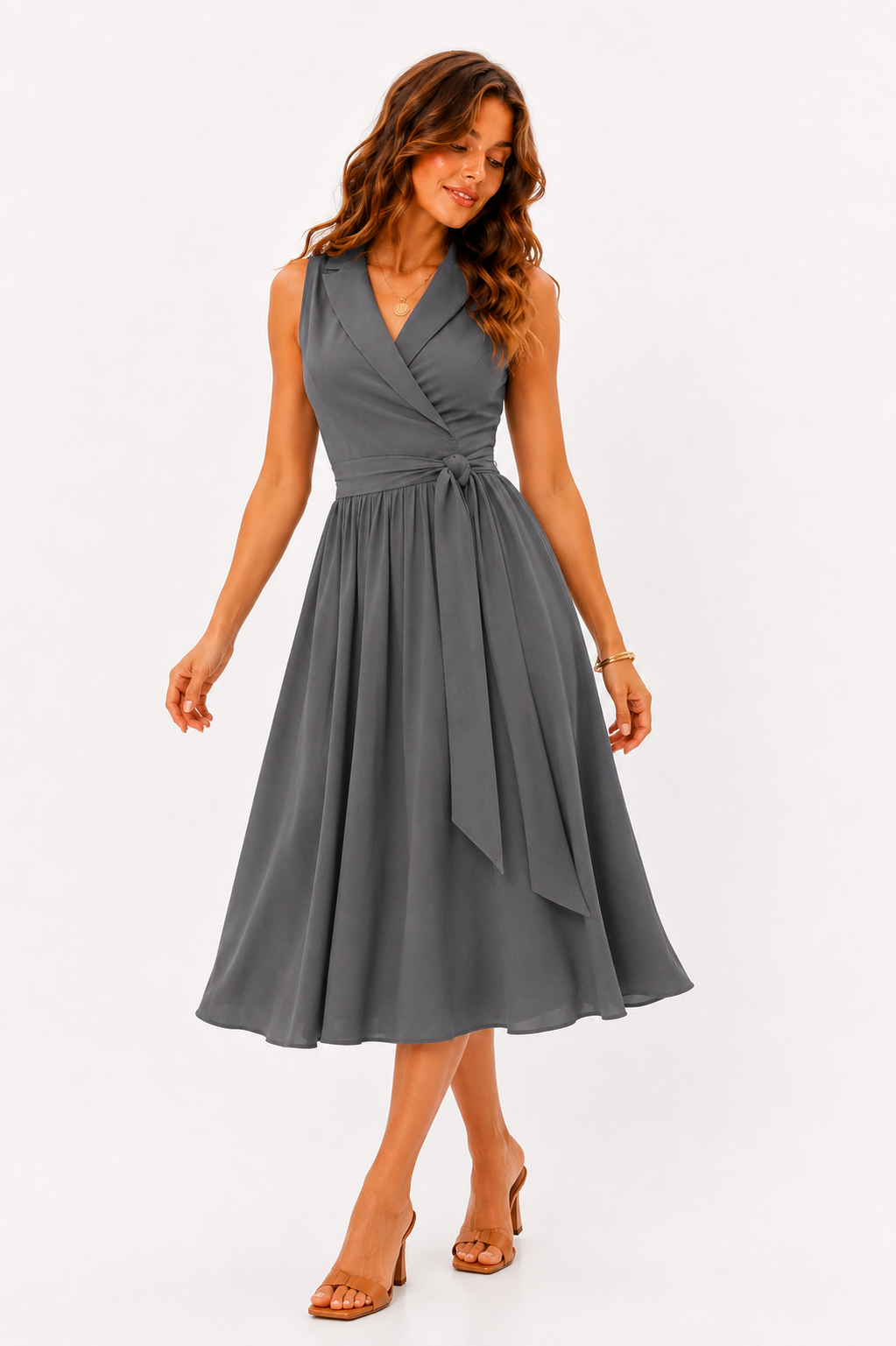 Sleeveless Belted Midi Dress for Women