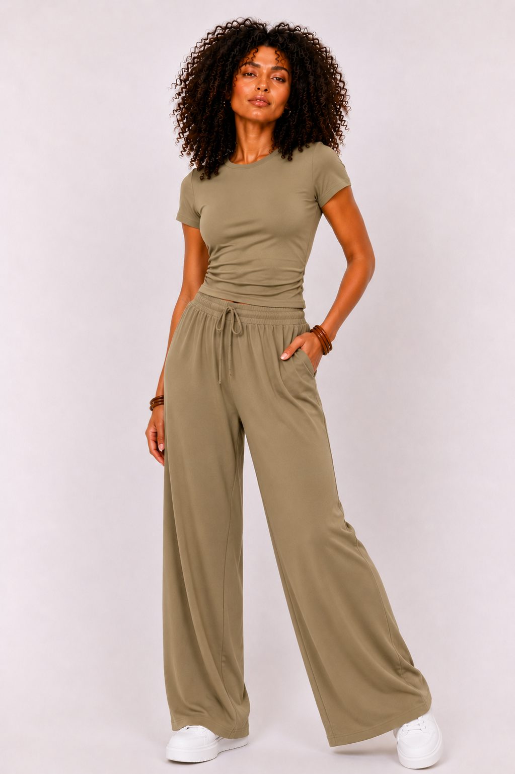 Women's Wide-Leg Lounge Set, High-Waist Pants